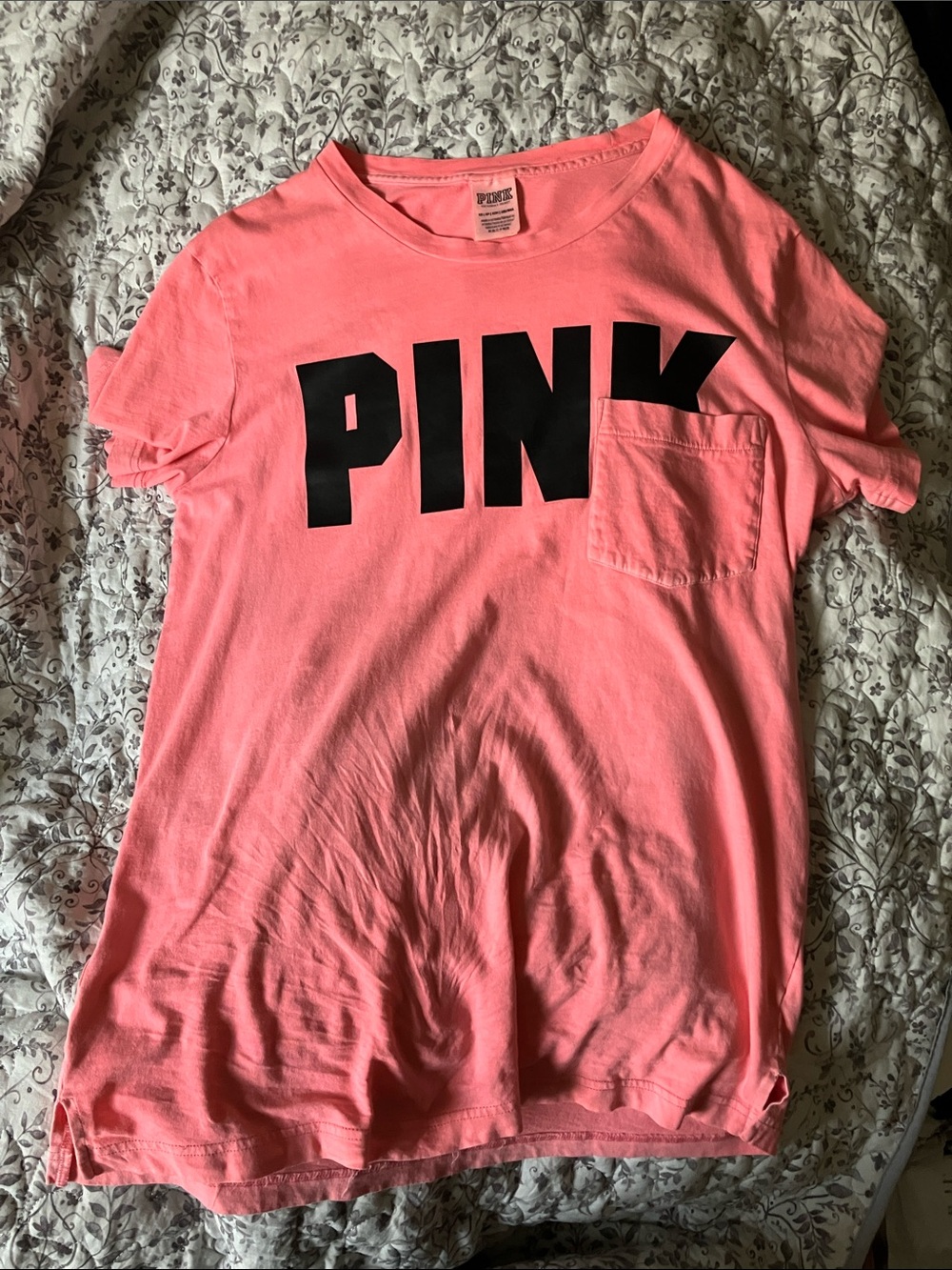 PINK Victoria's Secret Neon Coral Crewneck Pocket Tee with Black Logo